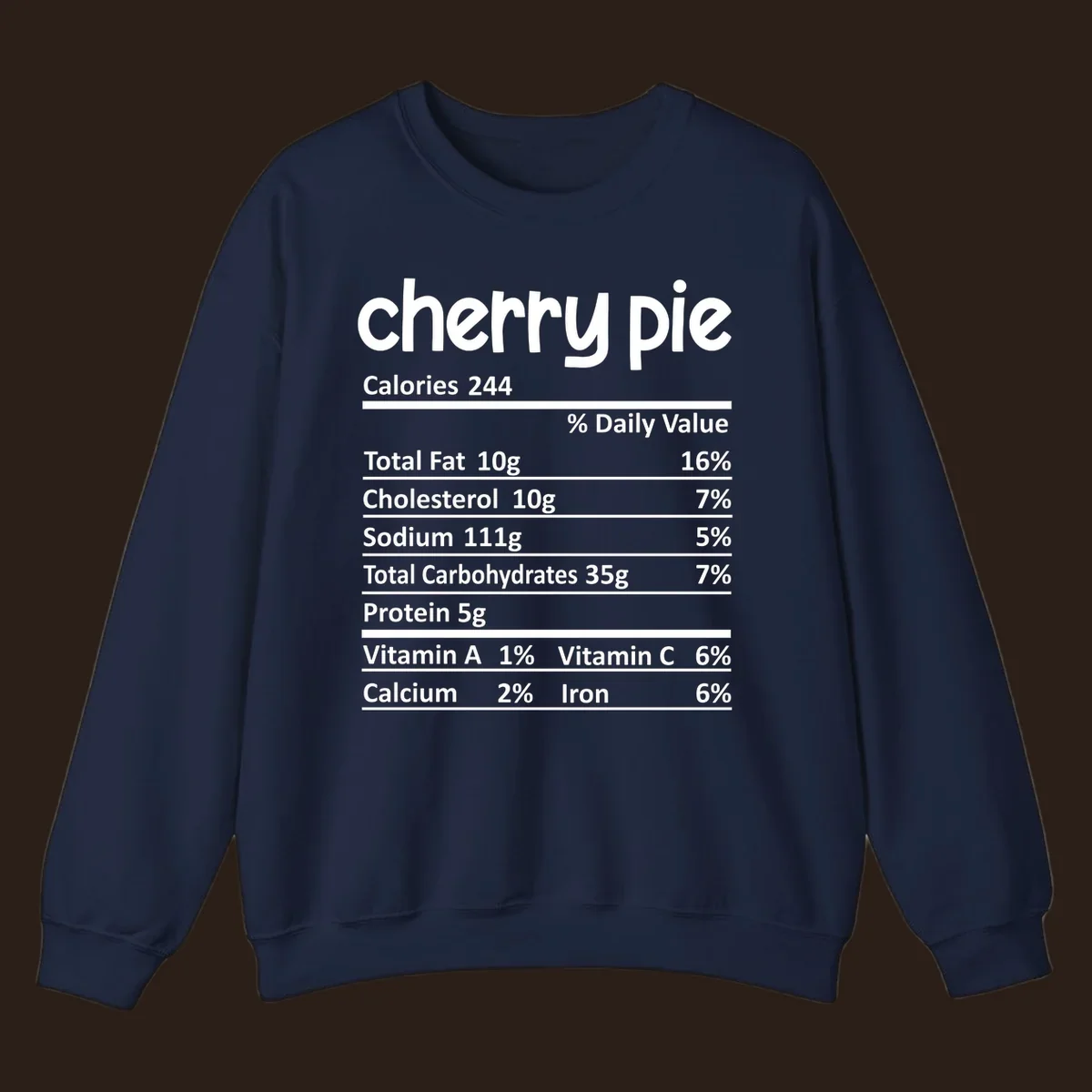 Cherry pie nutrition facts label with calories and ingredient breakdown.