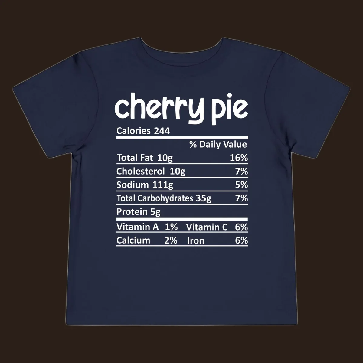 Cherry pie nutrition facts label with calories and ingredient breakdown.
