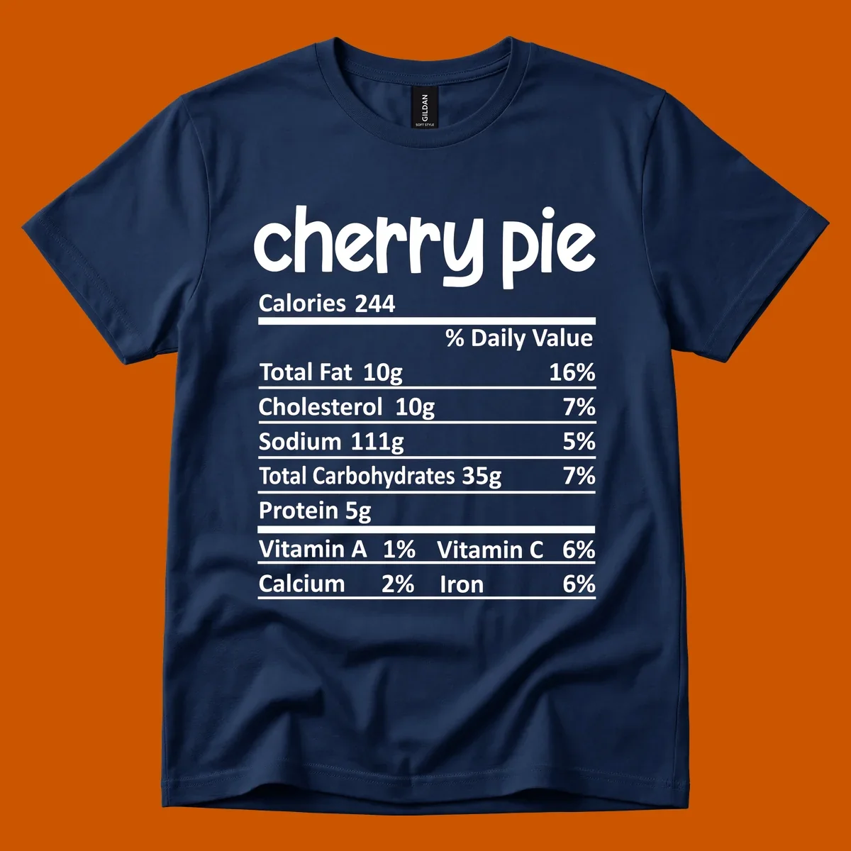 Cherry pie nutrition facts label with calories and ingredient breakdown.