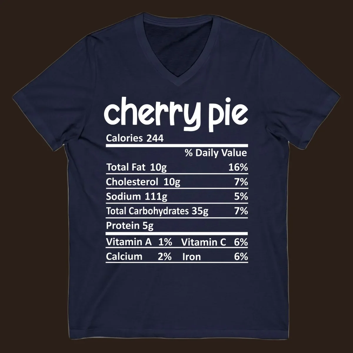Cherry pie nutrition facts label with calories and ingredient breakdown.