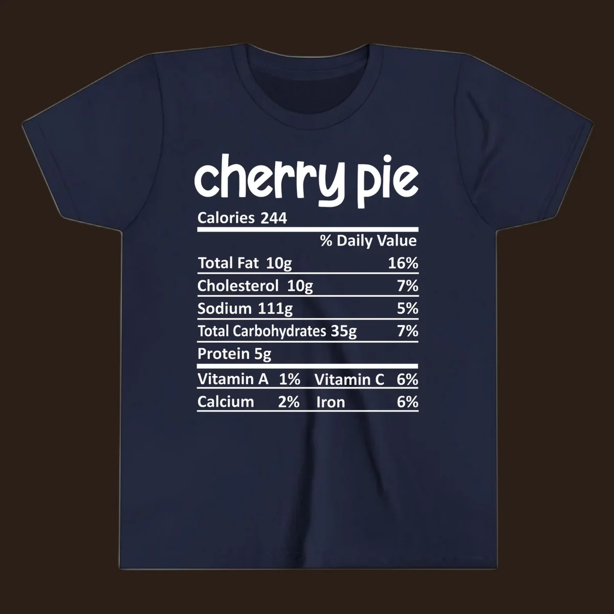 Cherry pie nutrition facts label with calories and ingredient breakdown.