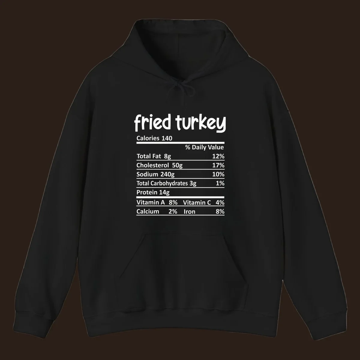 Fried turkey nutrition facts label design with white text on black background.