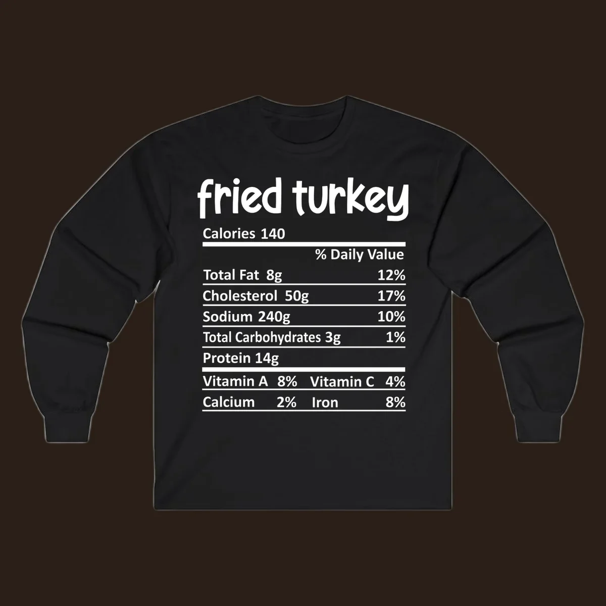 Fried turkey nutrition facts label design with white text on black background.