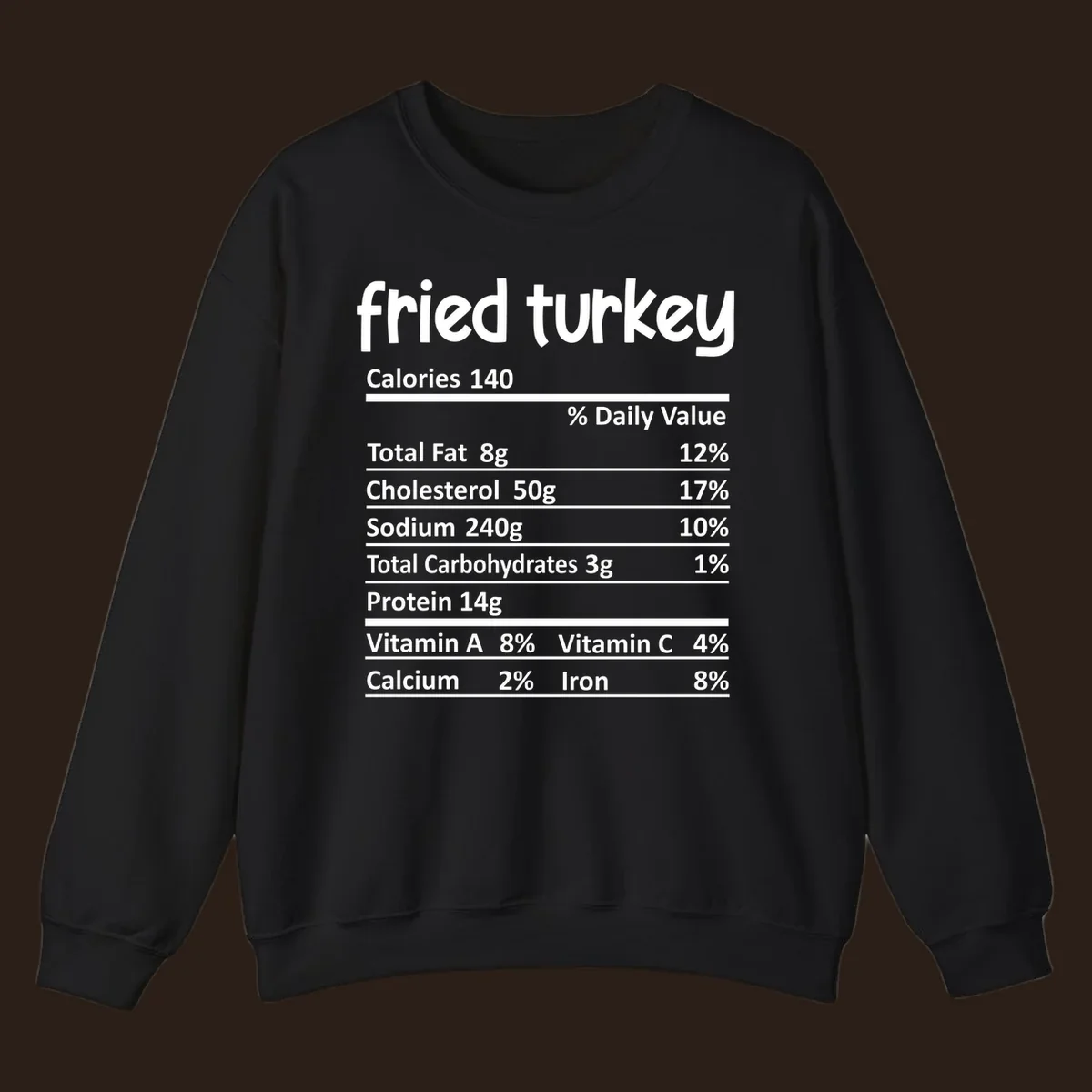 Fried turkey nutrition facts label design with white text on black background.