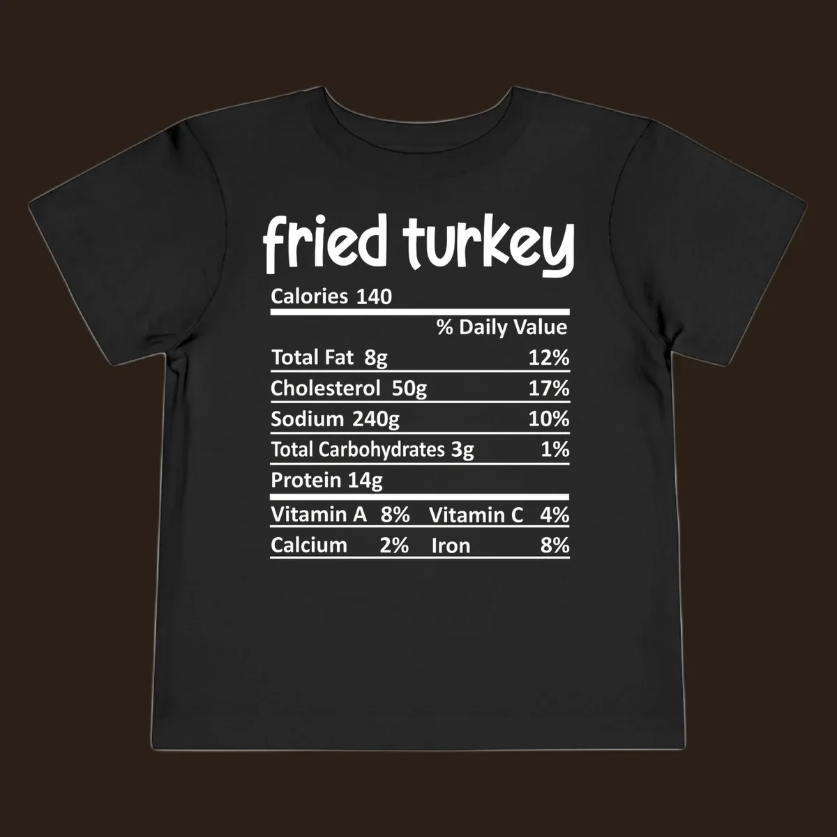 Fried turkey nutrition facts label design with white text on black background.