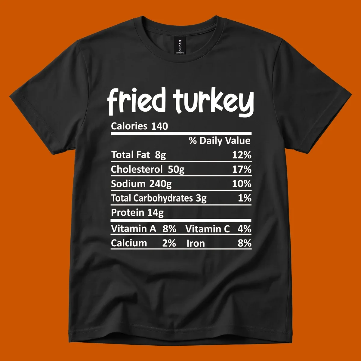 Fried turkey nutrition facts label design with white text on black background.