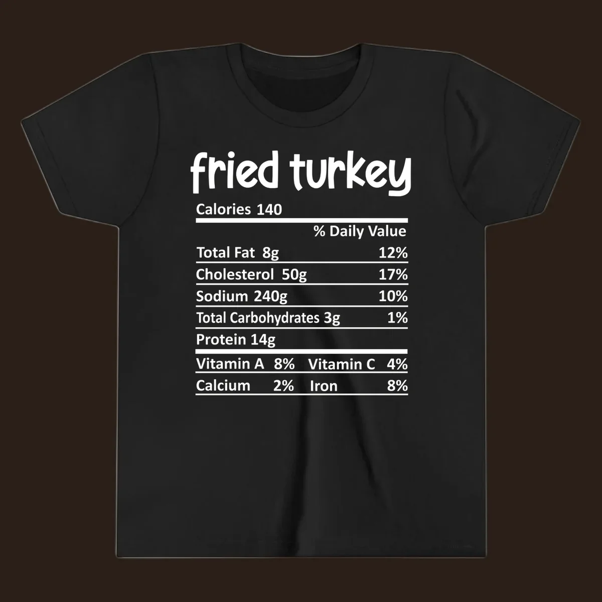 Fried turkey nutrition facts label design with white text on black background.