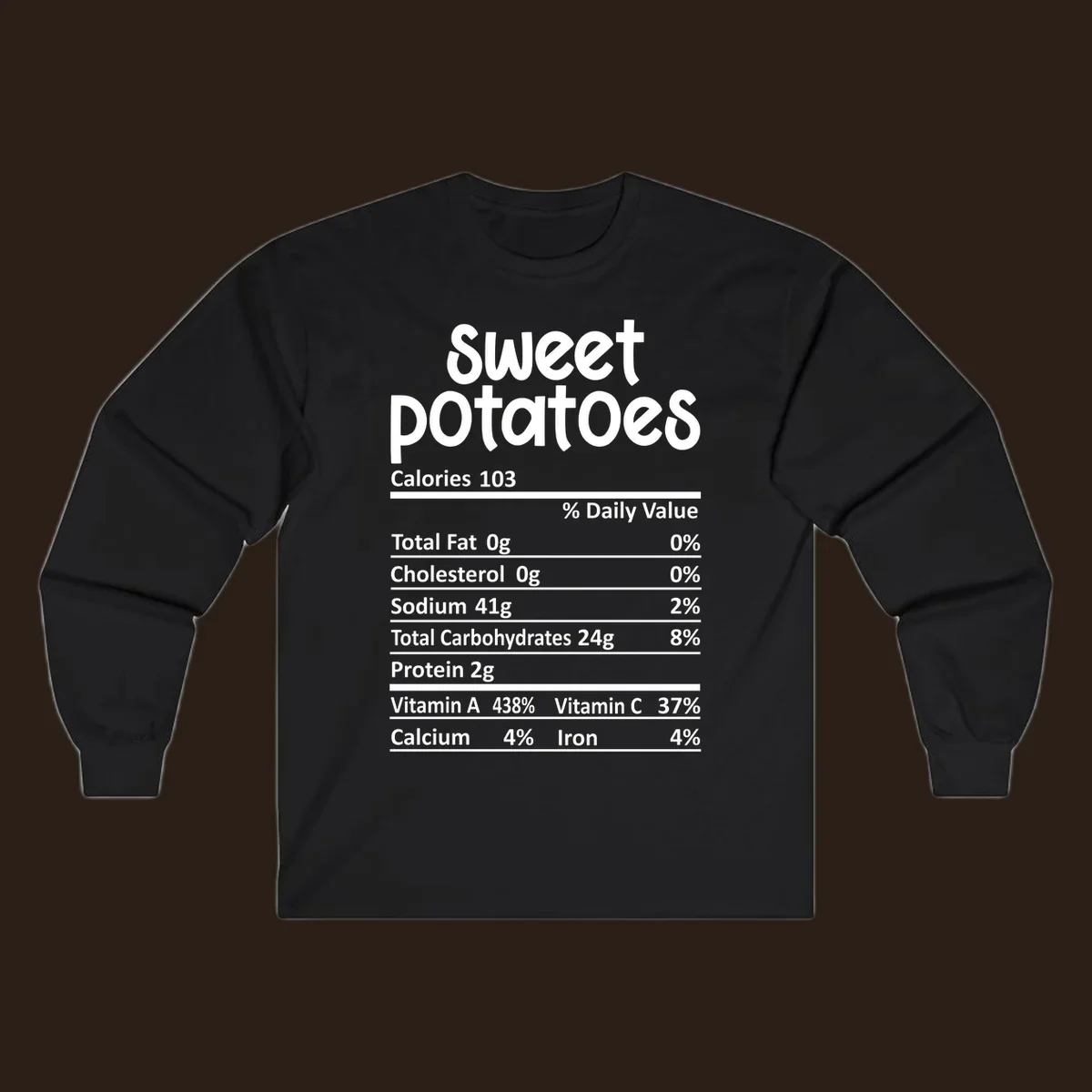 Sweet potatoes nutrition facts label design with vitamin and mineral content.