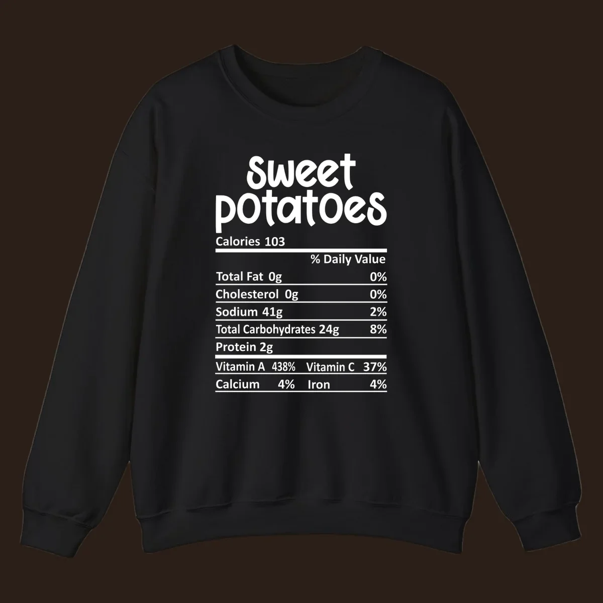 Sweet potatoes nutrition facts label design with vitamin and mineral content.