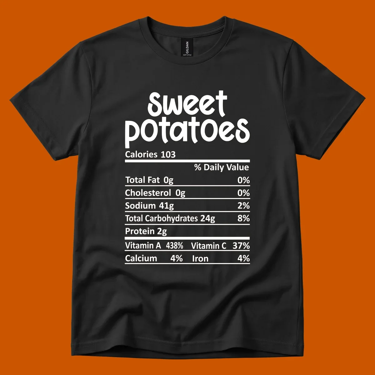 Sweet potatoes nutrition facts label design with vitamin and mineral content.