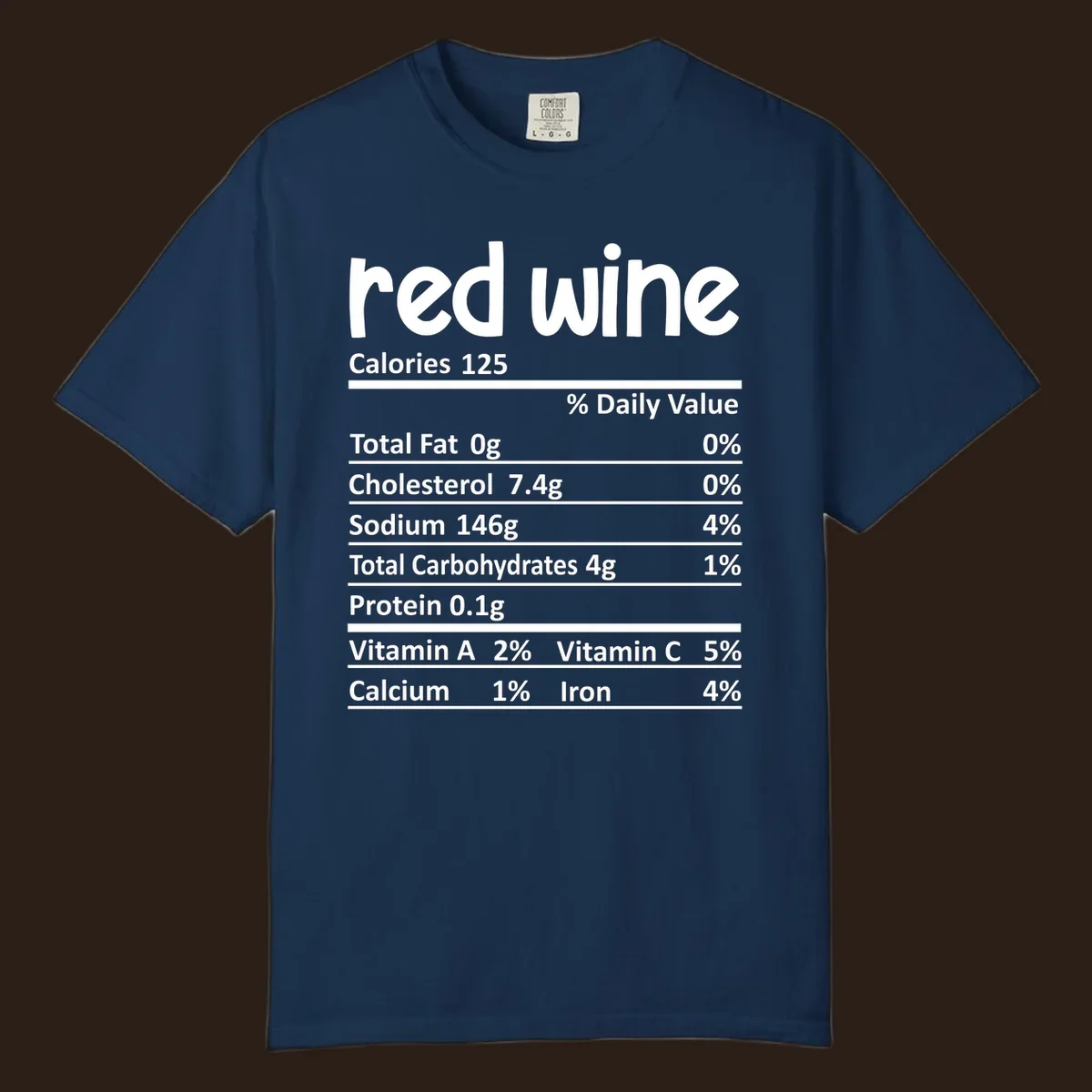 Red wine nutrition facts label with calories and nutritional components, white text on black.
