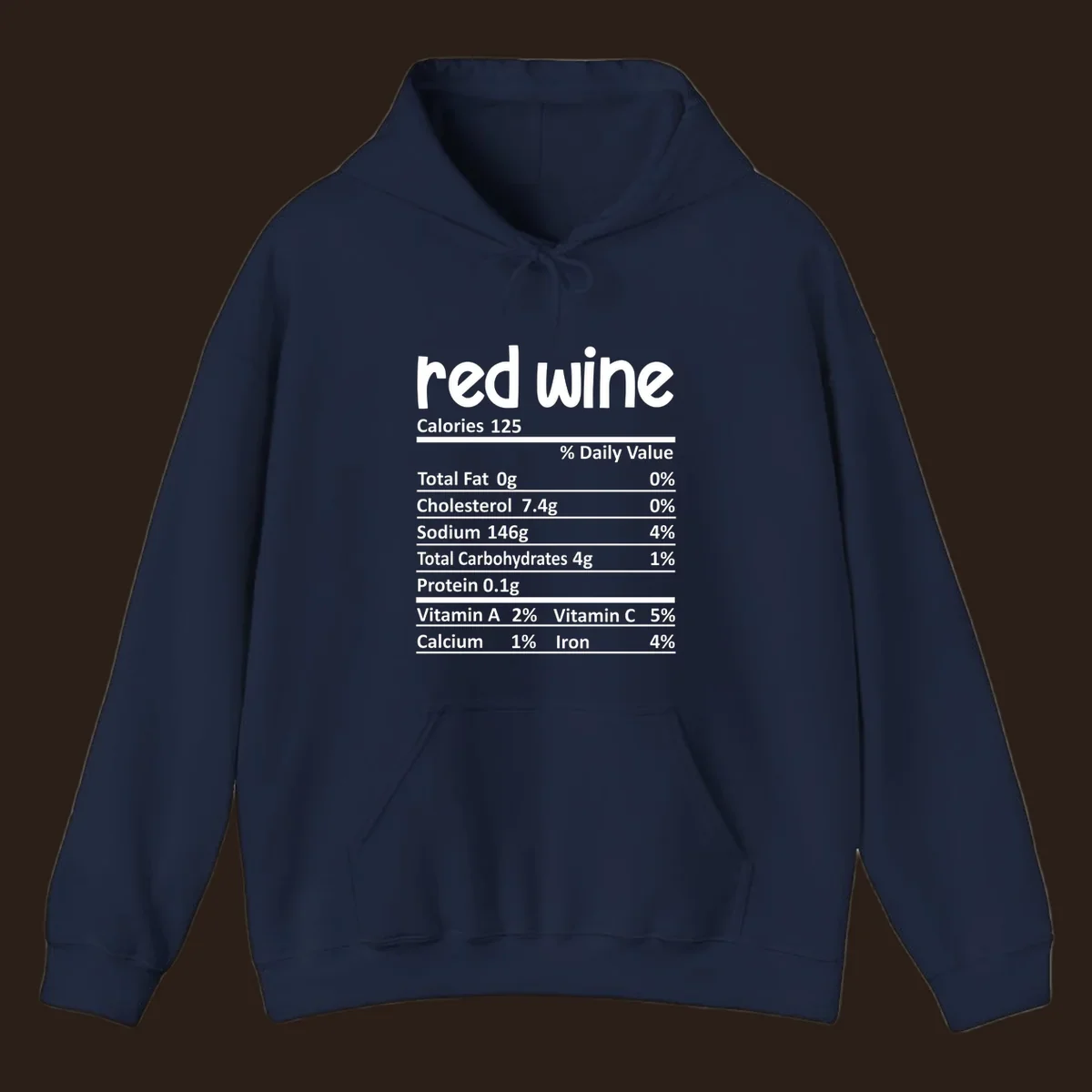 Red wine nutrition facts label with calories and nutritional components, white text on black.