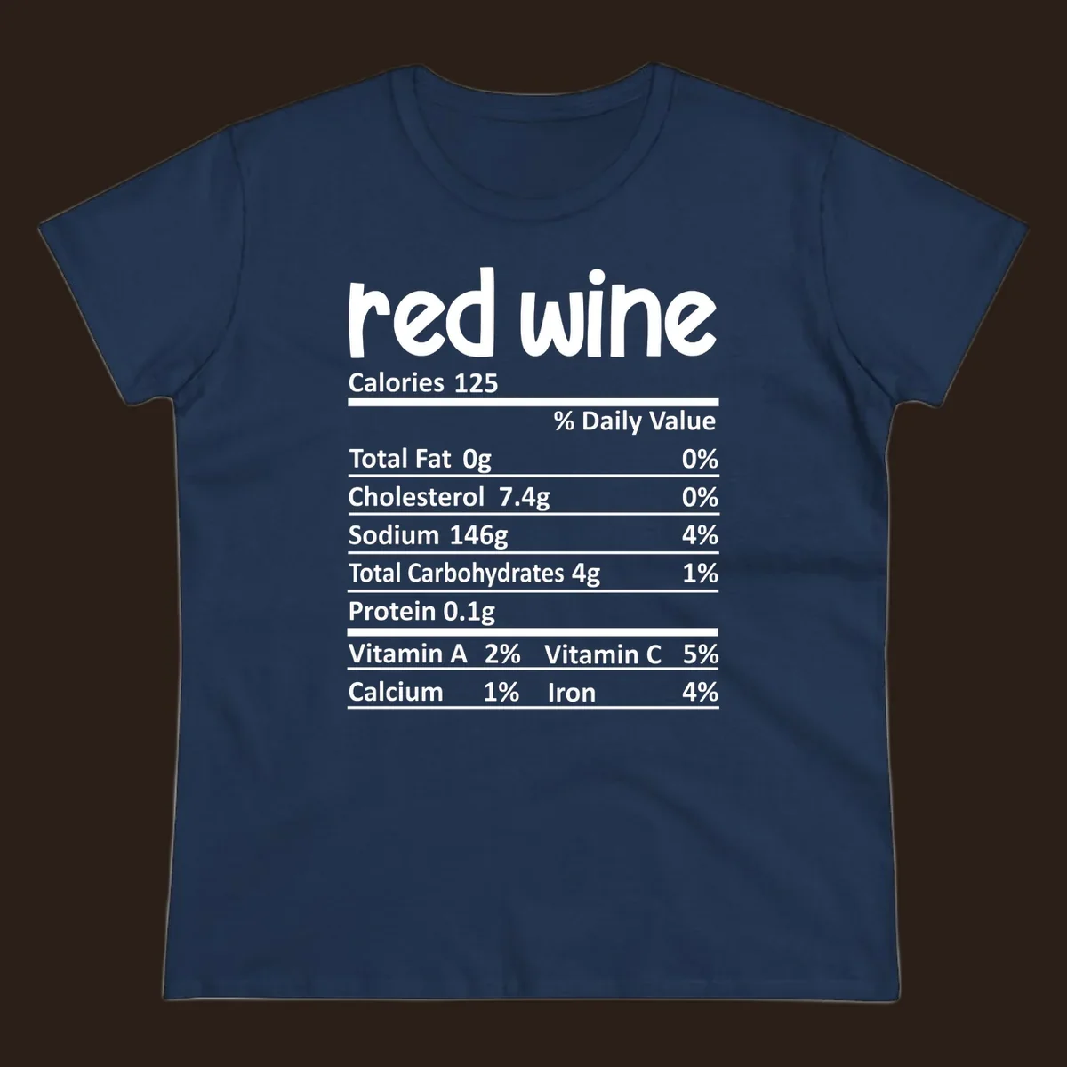Red wine nutrition facts label with calories and nutritional components, white text on black.