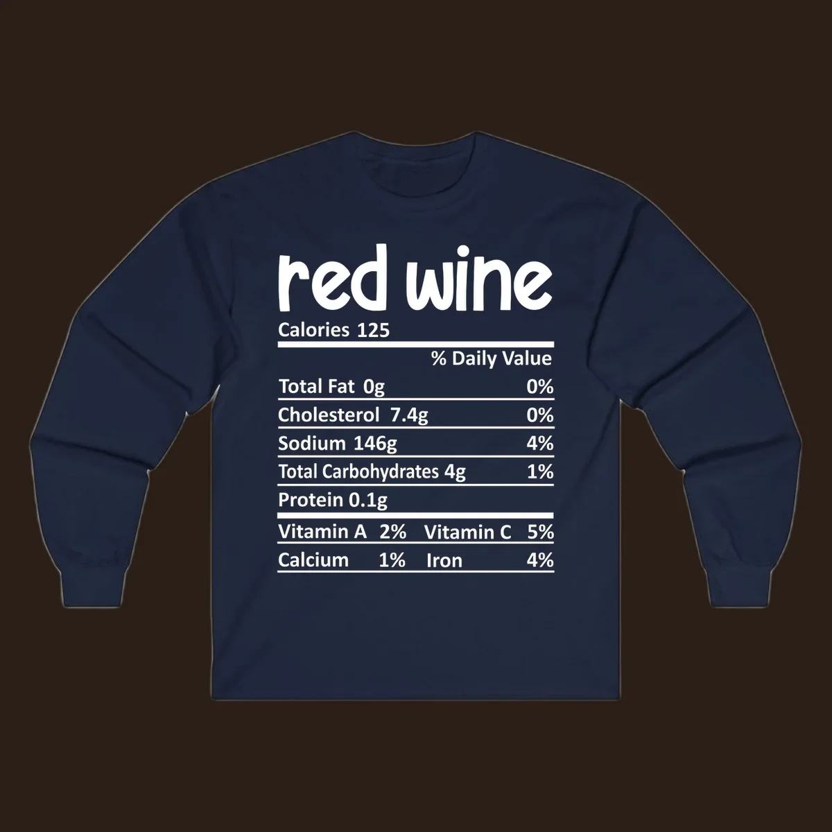 Red wine nutrition facts label with calories and nutritional components, white text on black.