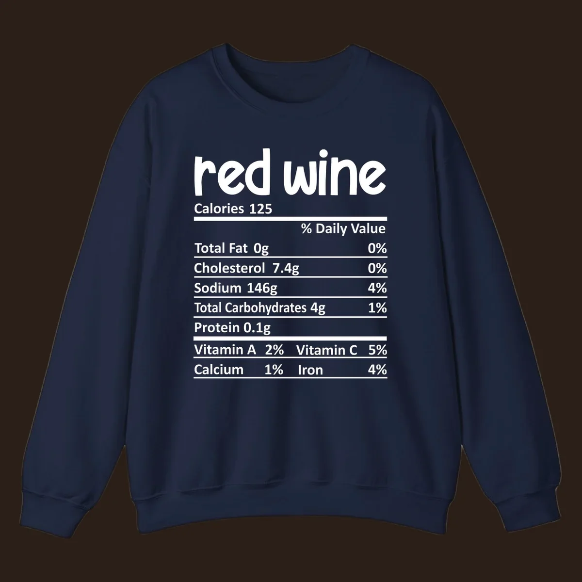 Red wine nutrition facts label with calories and nutritional components, white text on black.