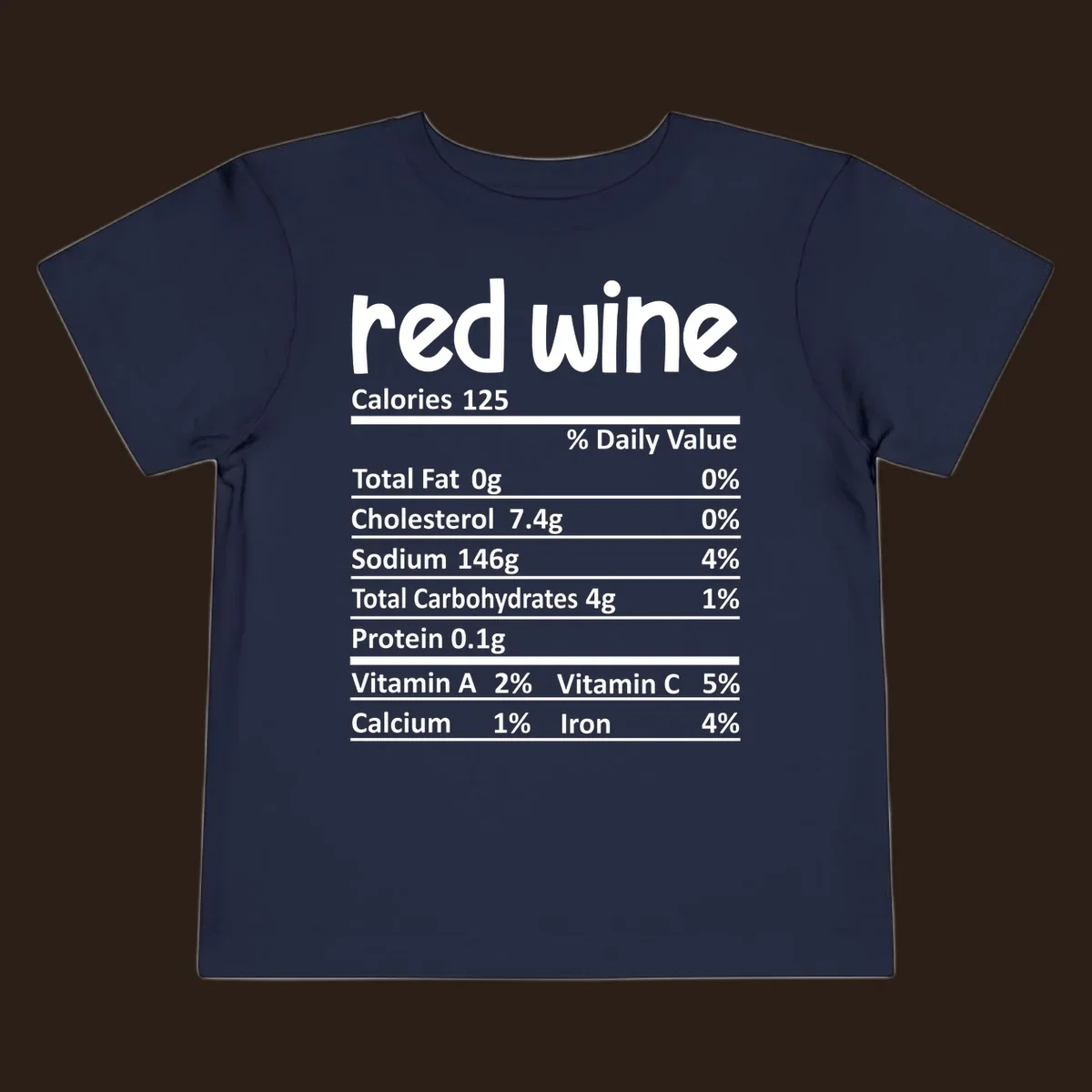 Red wine nutrition facts label with calories and nutritional components, white text on black.