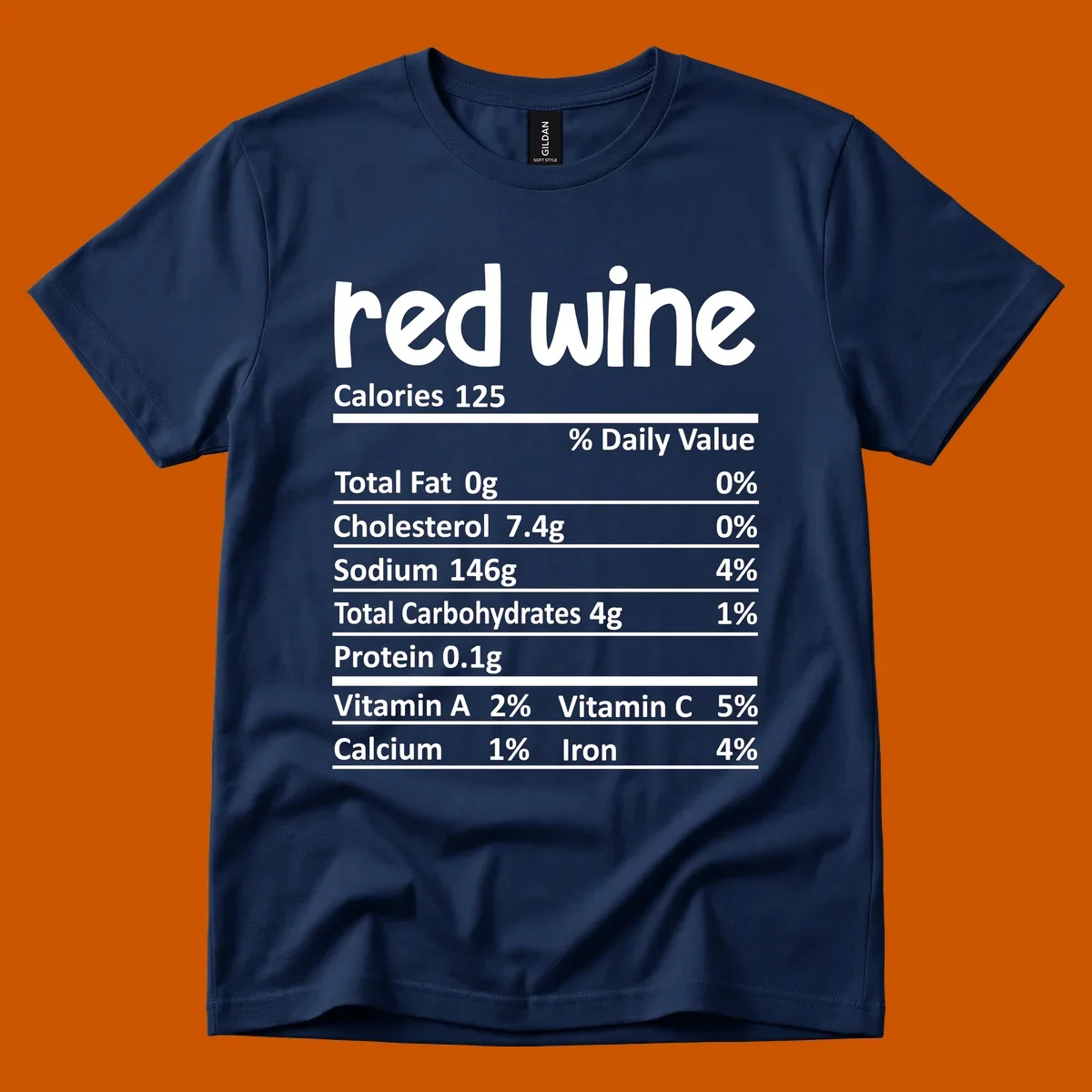 Red wine nutrition facts label with calories and nutritional components, white text on black.