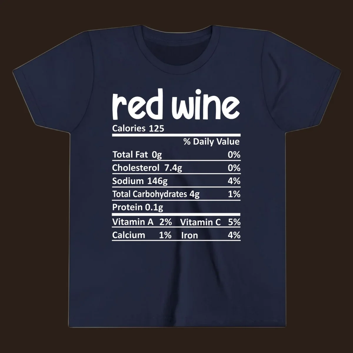 Red wine nutrition facts label with calories and nutritional components, white text on black.