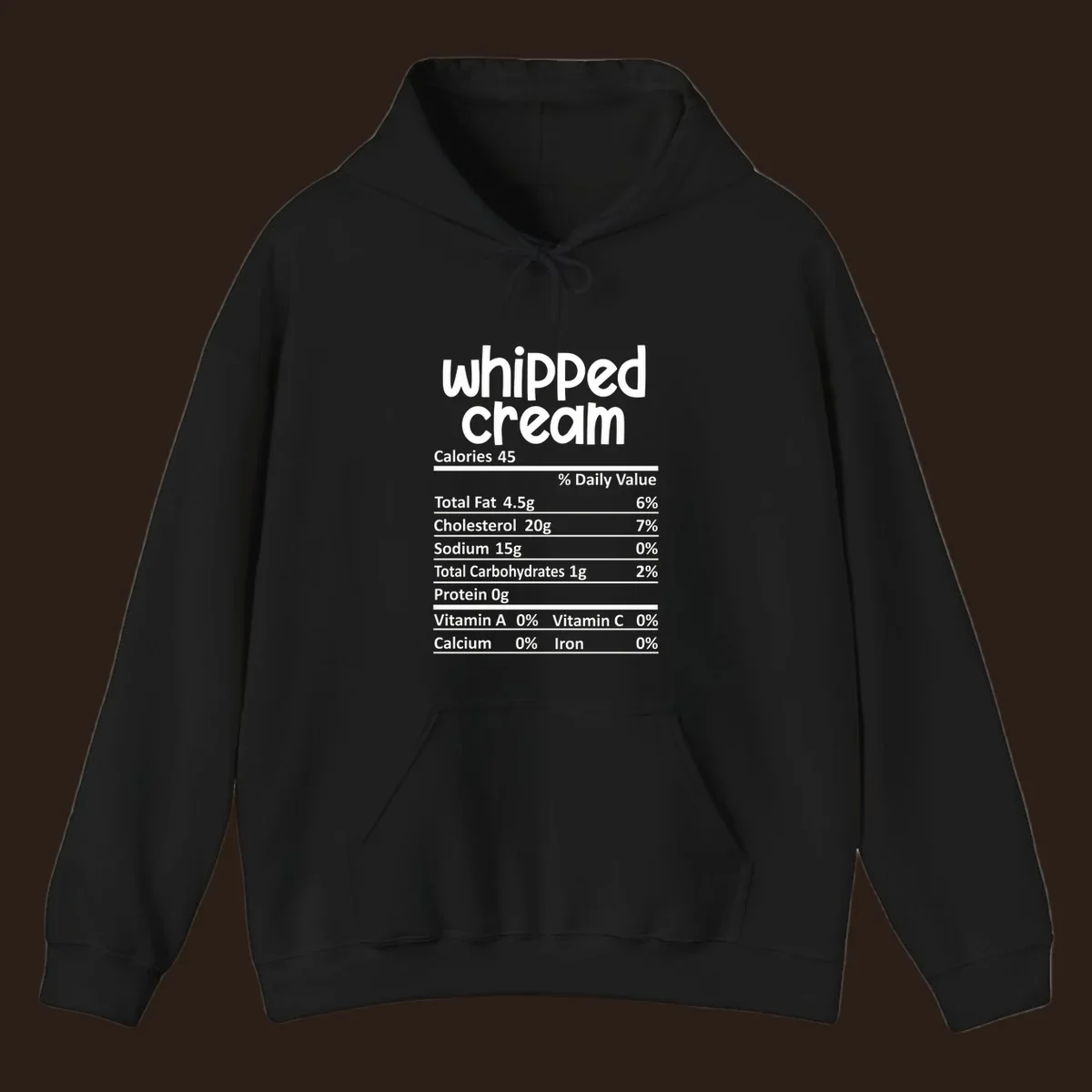 Whipped cream nutrition facts label design with calories and nutrient percentages.