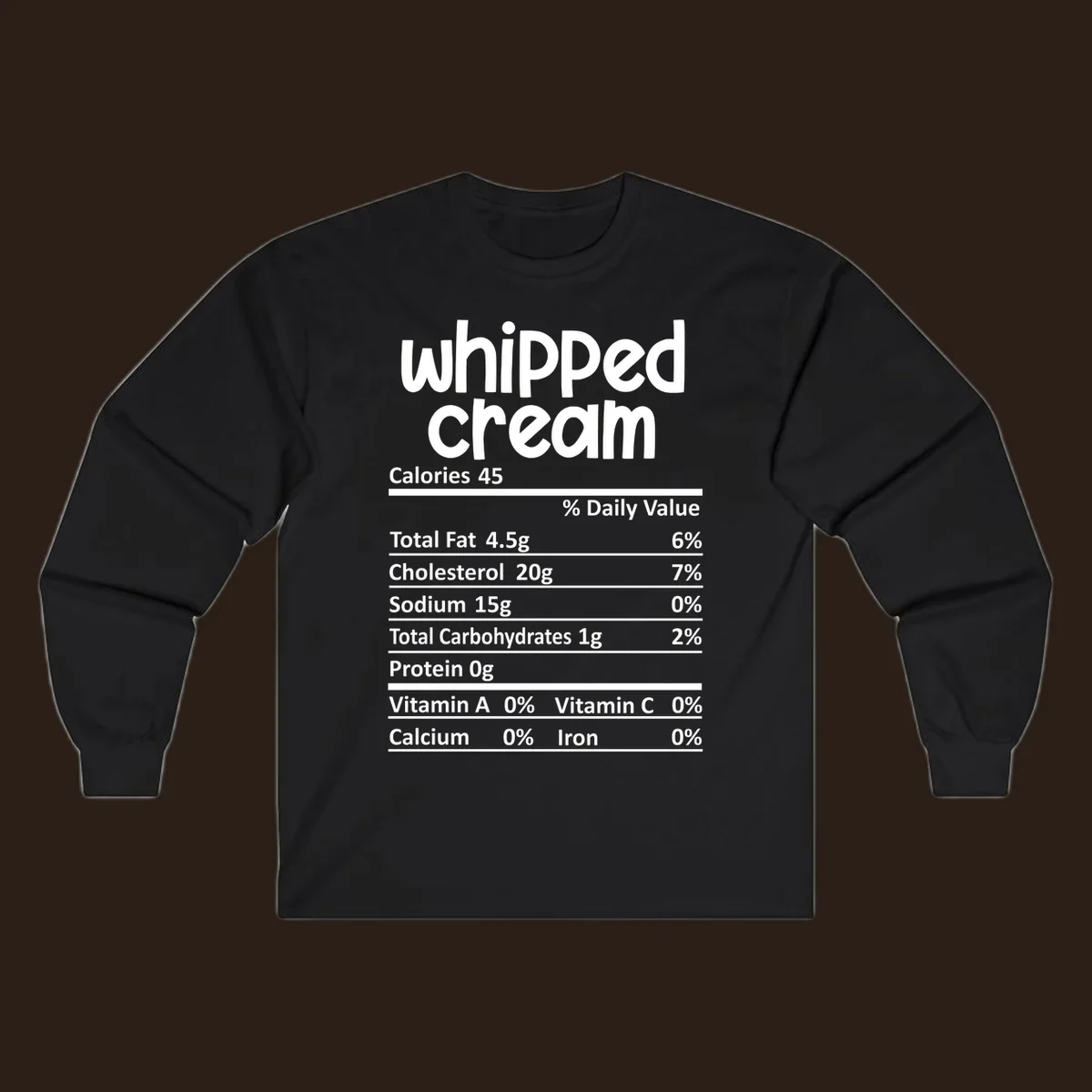 Whipped cream nutrition facts label design with calories and nutrient percentages.