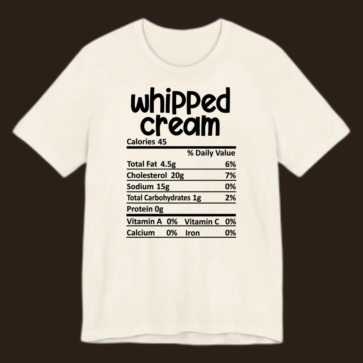 Whipped cream nutrition facts label design with calories and nutrient percentages.