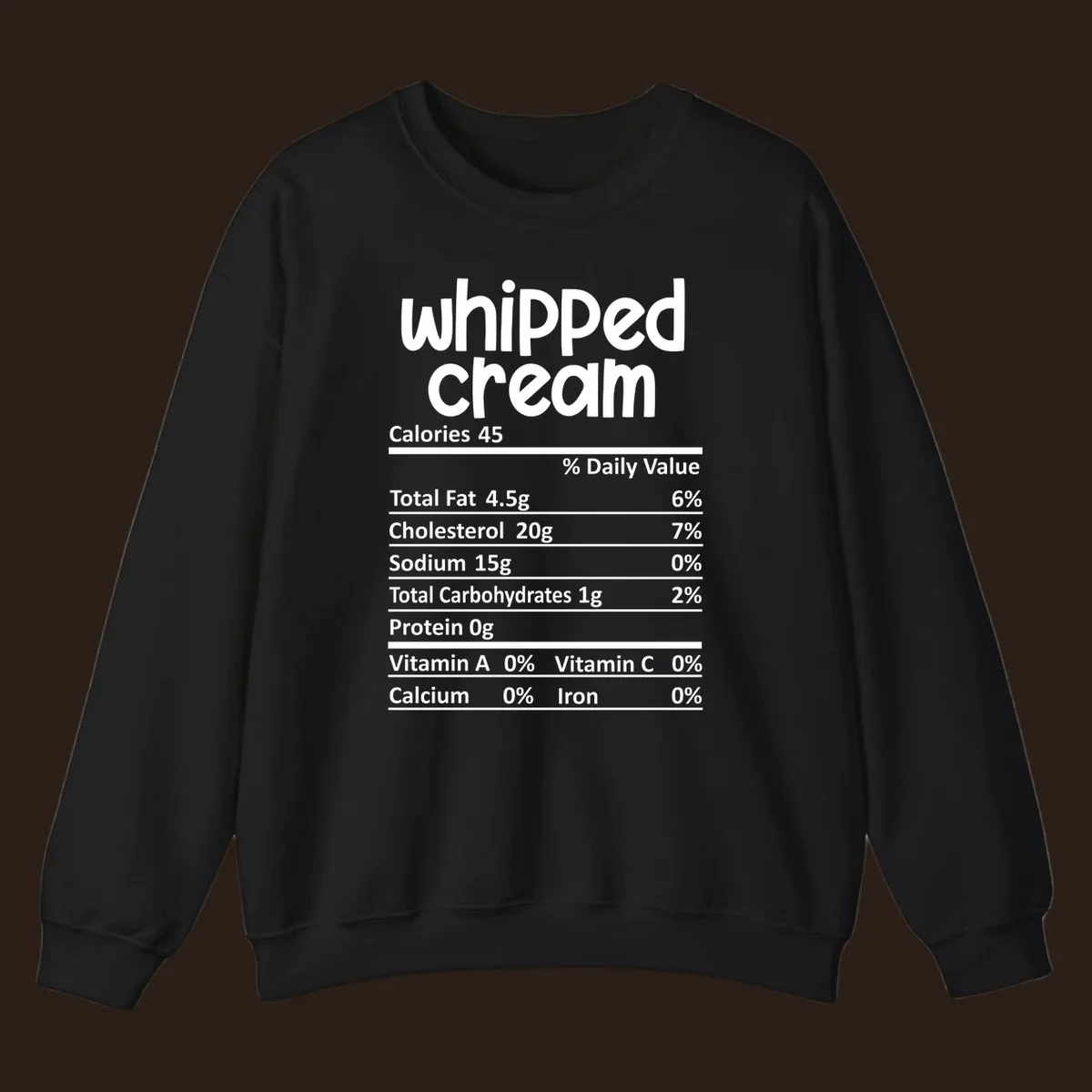 Whipped cream nutrition facts label design with calories and nutrient percentages.