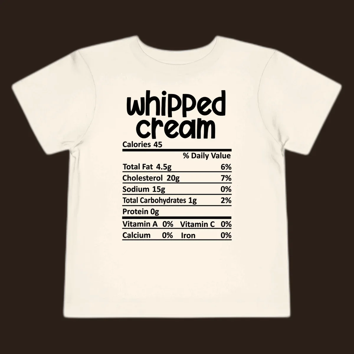 Whipped cream nutrition facts label design with calories and nutrient percentages.
