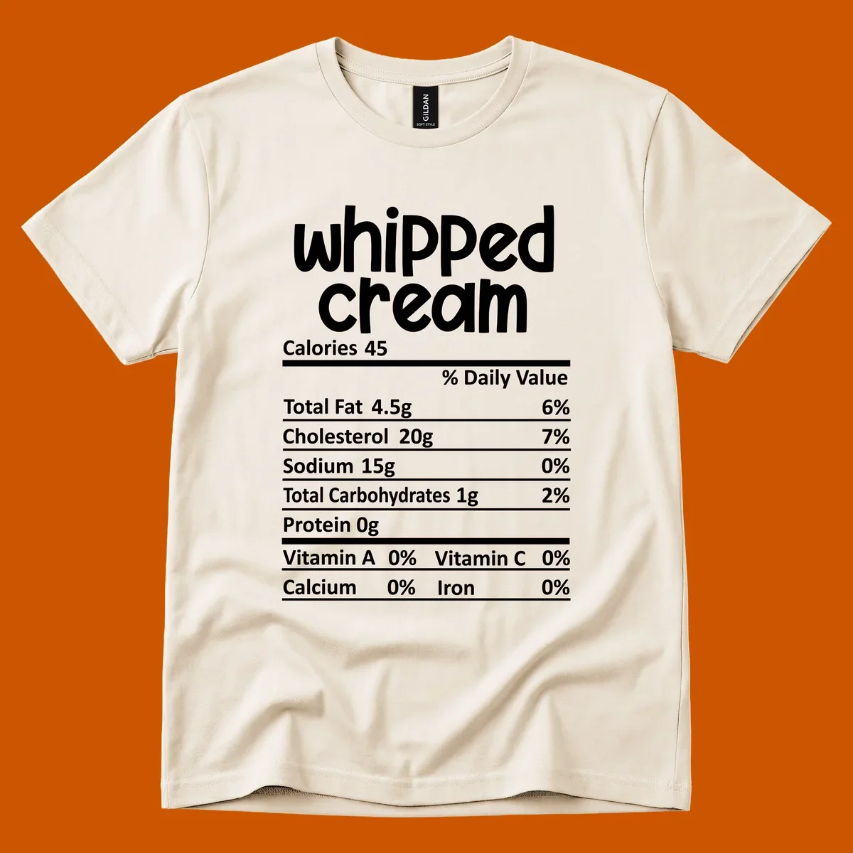 Whipped cream nutrition facts label design with calories and nutrient percentages.