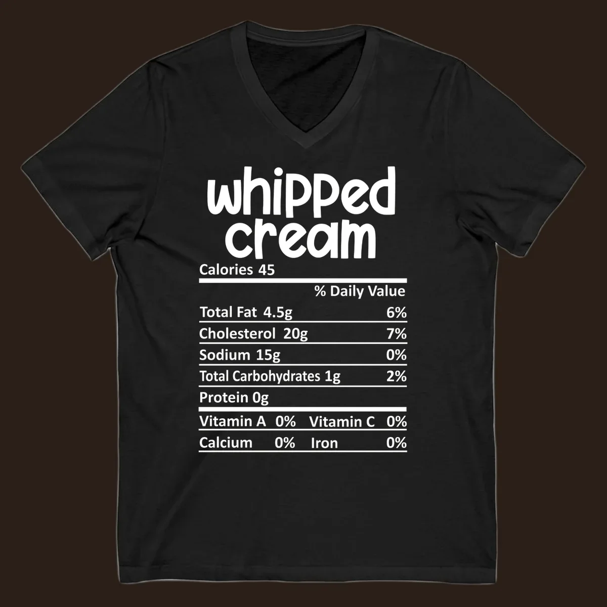 Whipped cream nutrition facts label design with calories and nutrient percentages.