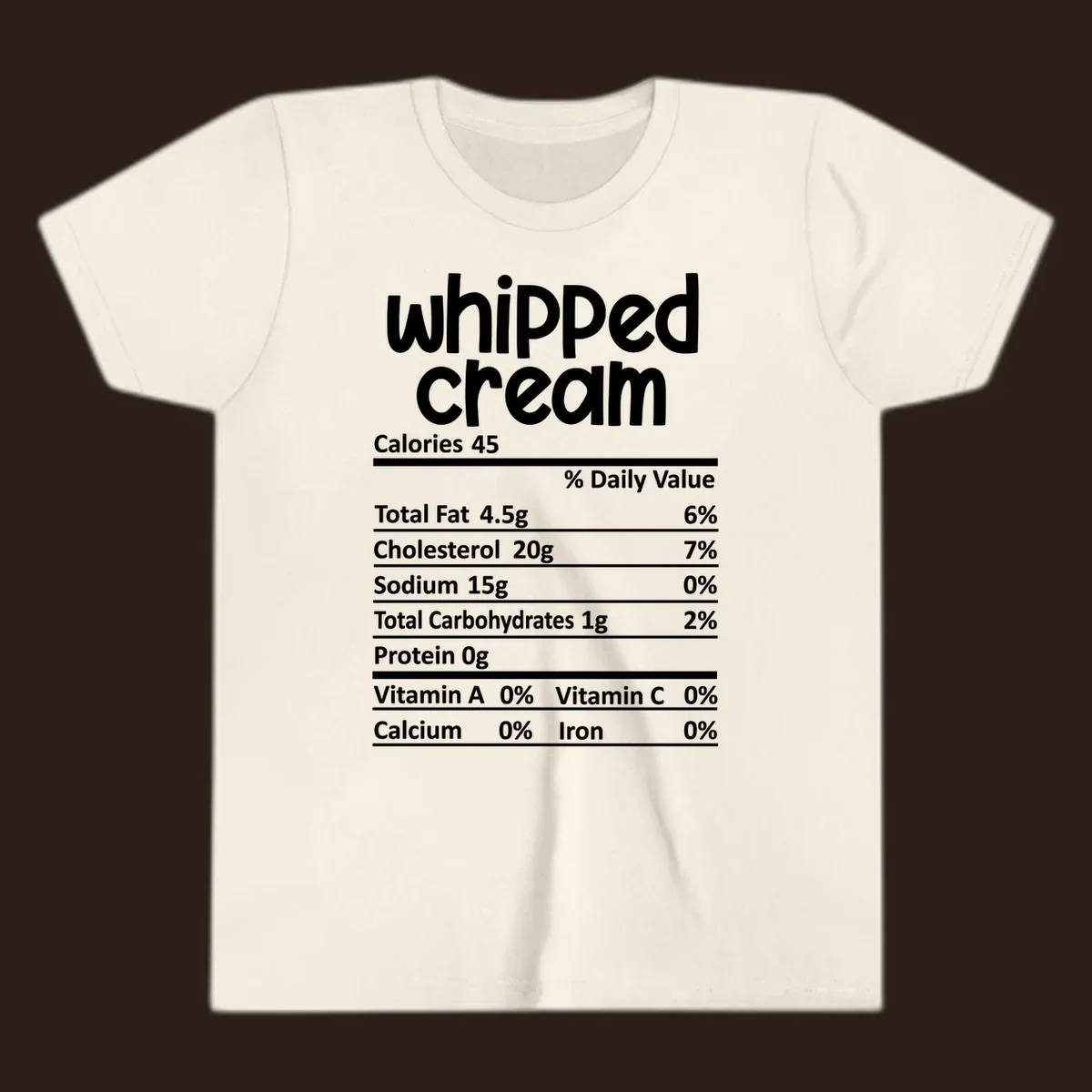 Whipped cream nutrition facts label design with calories and nutrient percentages.