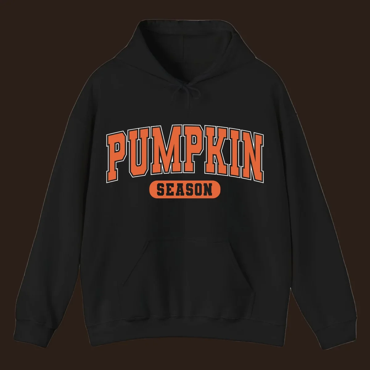 Pumpkin Season varsity text design in orange and white on black background.