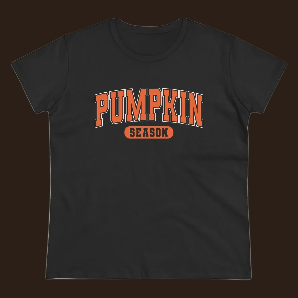 Pumpkin Season varsity text design in orange and white on black background.