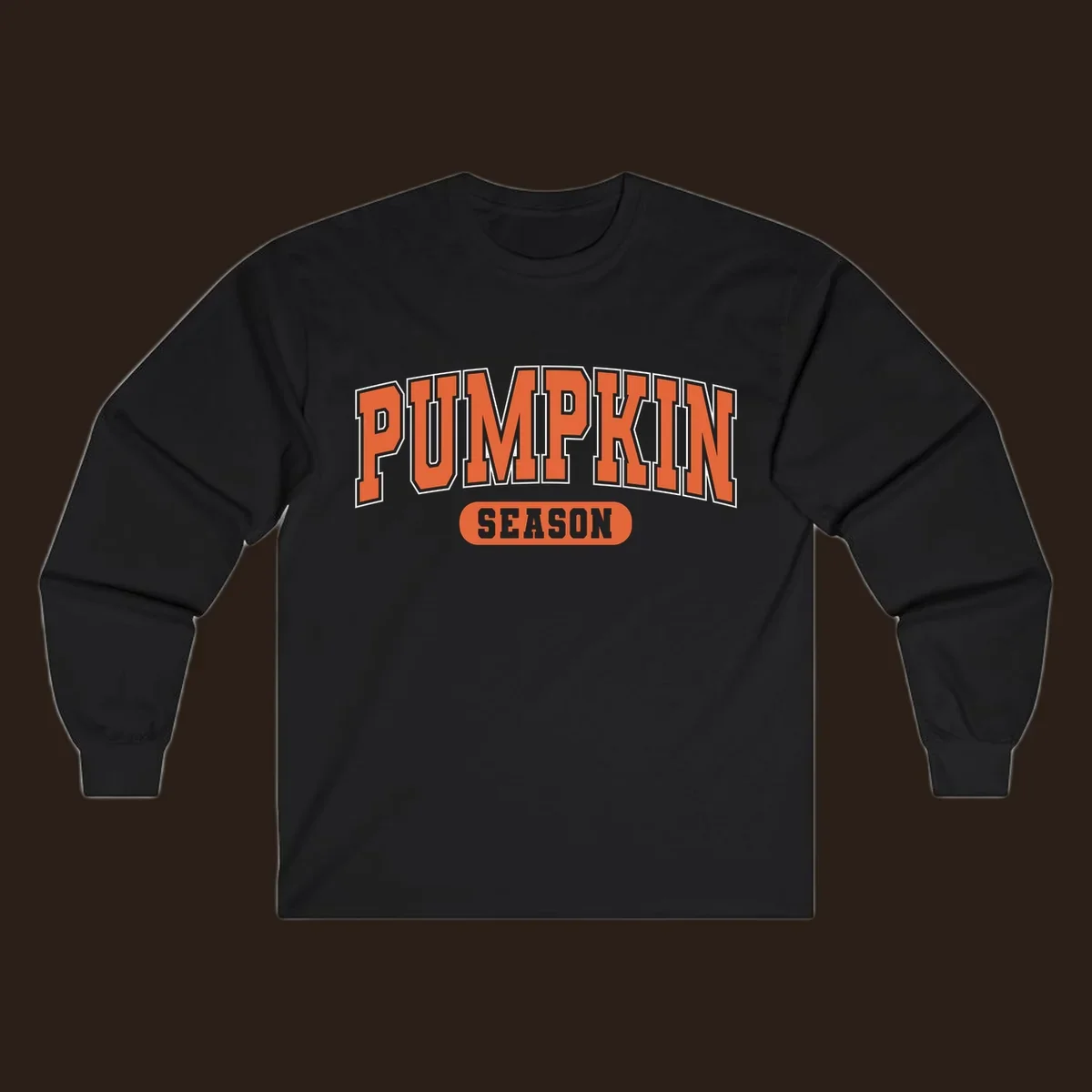 Pumpkin Season varsity text design in orange and white on black background.
