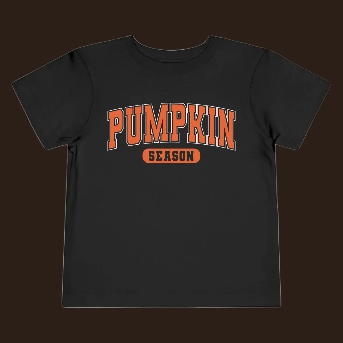 Pumpkin Season varsity text design in orange and white on black background.