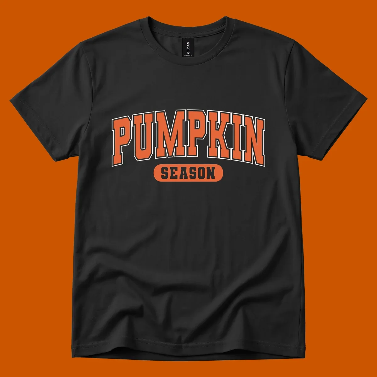 Pumpkin Season varsity text design in orange and white on black background.