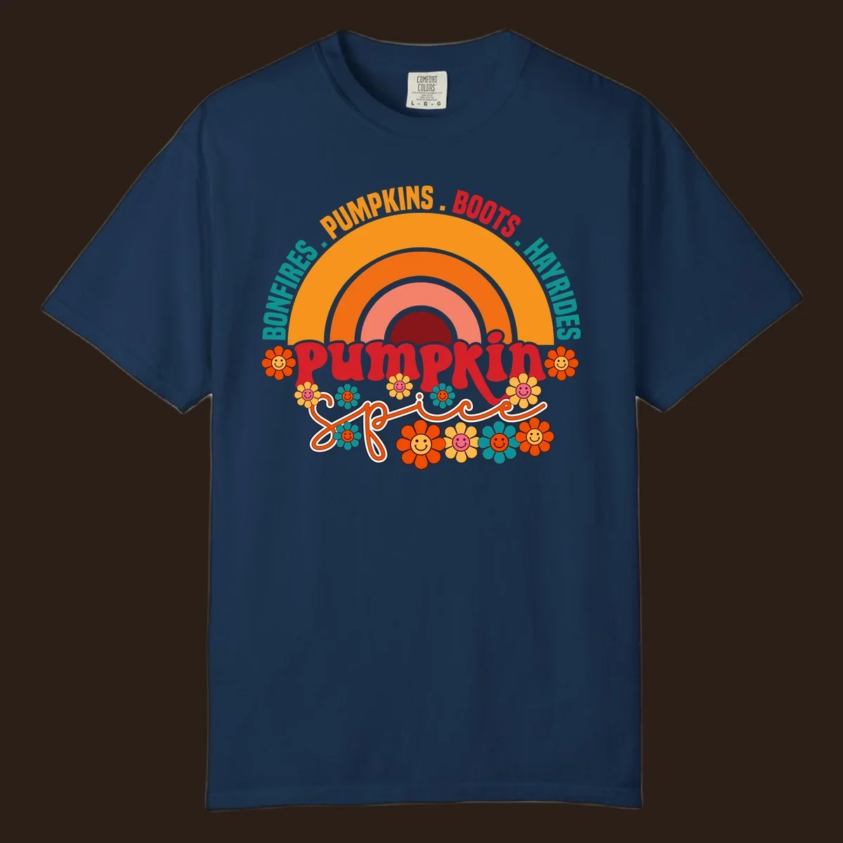 Retro pumpkin spice rainbow with flowers and fall text. pumpkin-spice-rainbow