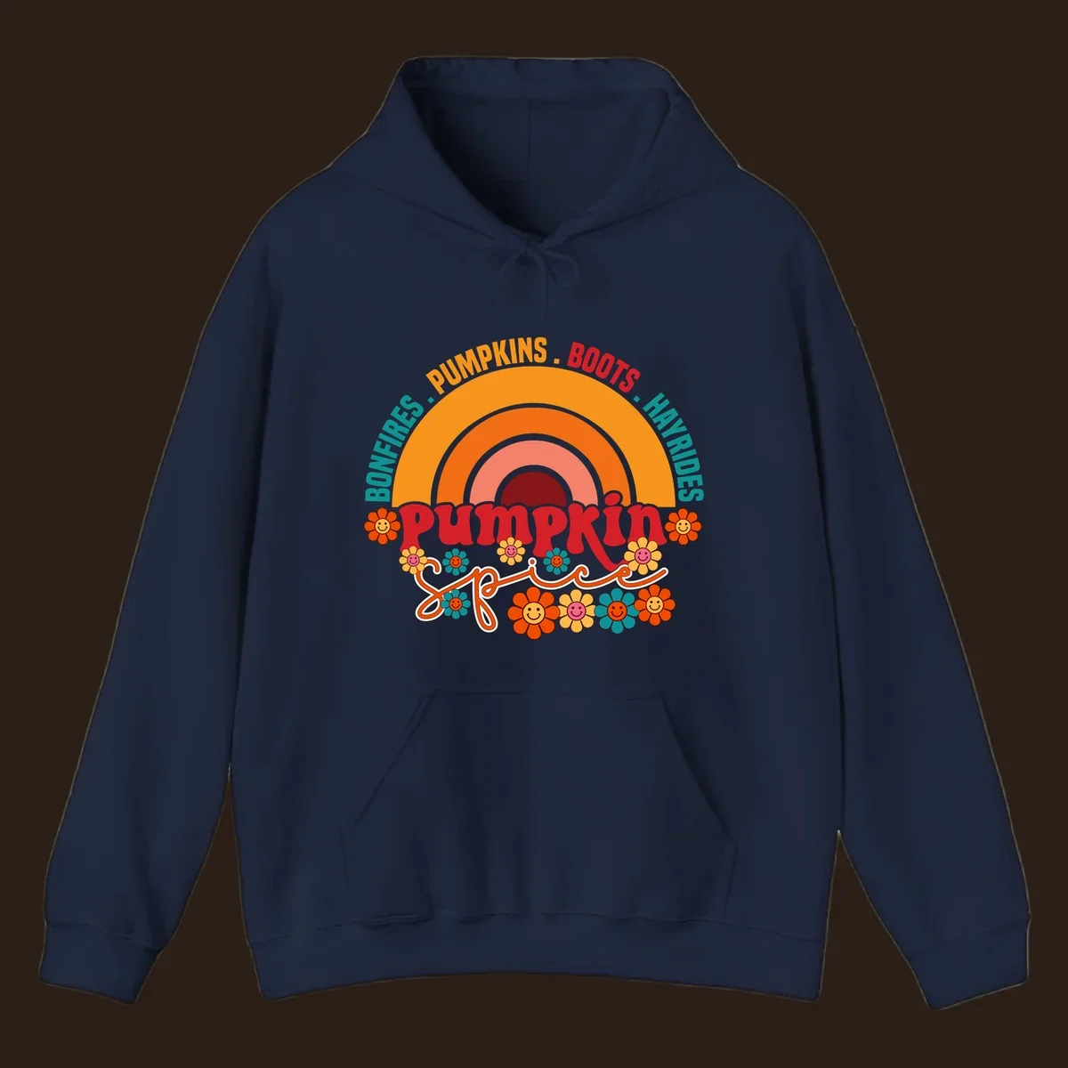Retro pumpkin spice rainbow with flowers and fall text. pumpkin-spice-rainbow