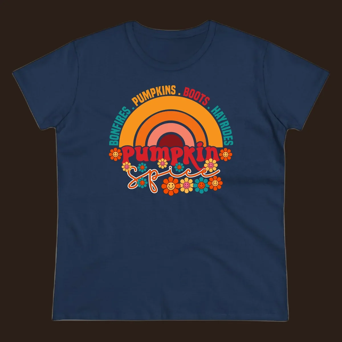Retro pumpkin spice rainbow with flowers and fall text. pumpkin-spice-rainbow