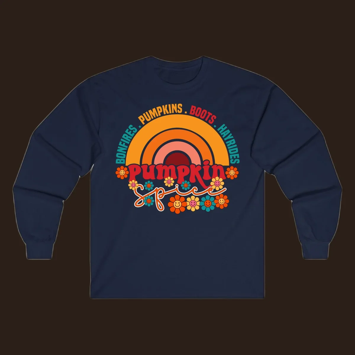 Retro pumpkin spice rainbow with flowers and fall text. pumpkin-spice-rainbow