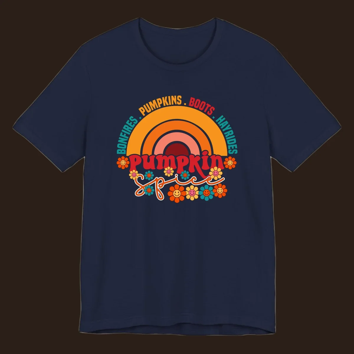 Retro pumpkin spice rainbow with flowers and fall text. pumpkin-spice-rainbow