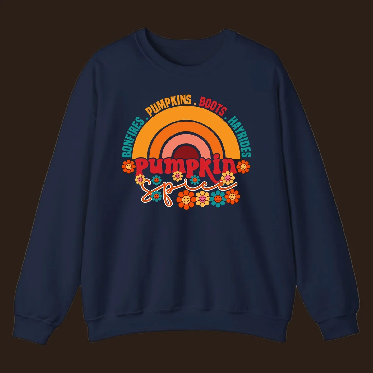 Retro pumpkin spice rainbow with flowers and fall text. pumpkin-spice-rainbow