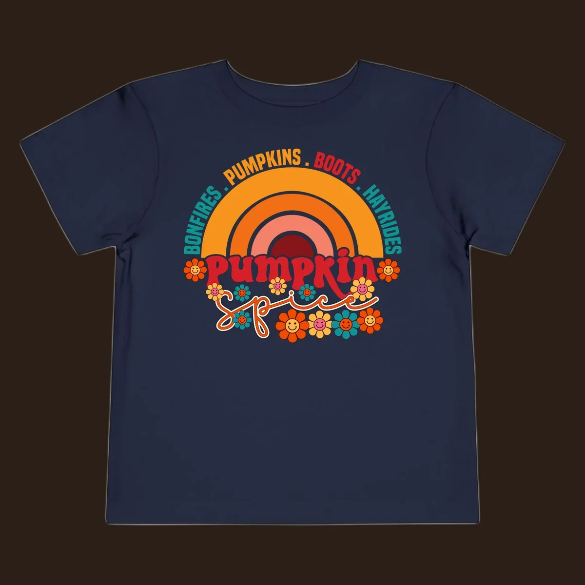 Retro pumpkin spice rainbow with flowers and fall text. pumpkin-spice-rainbow