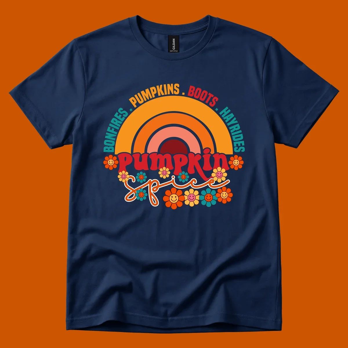 Retro pumpkin spice rainbow with flowers and fall text. pumpkin-spice-rainbow