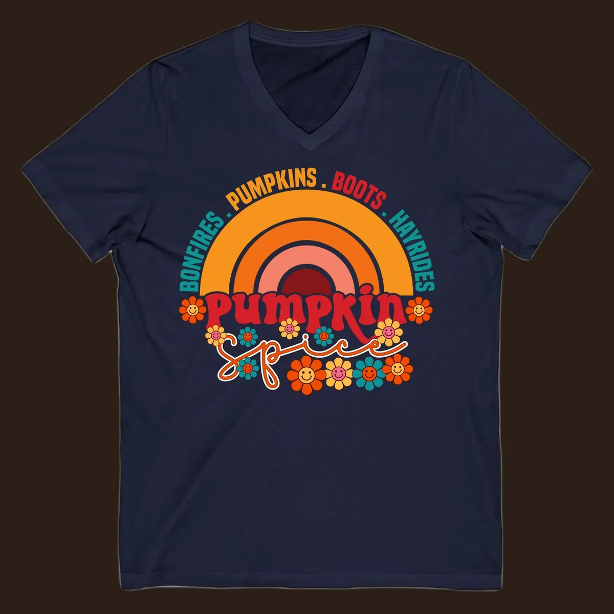 Retro pumpkin spice rainbow with flowers and fall text. pumpkin-spice-rainbow