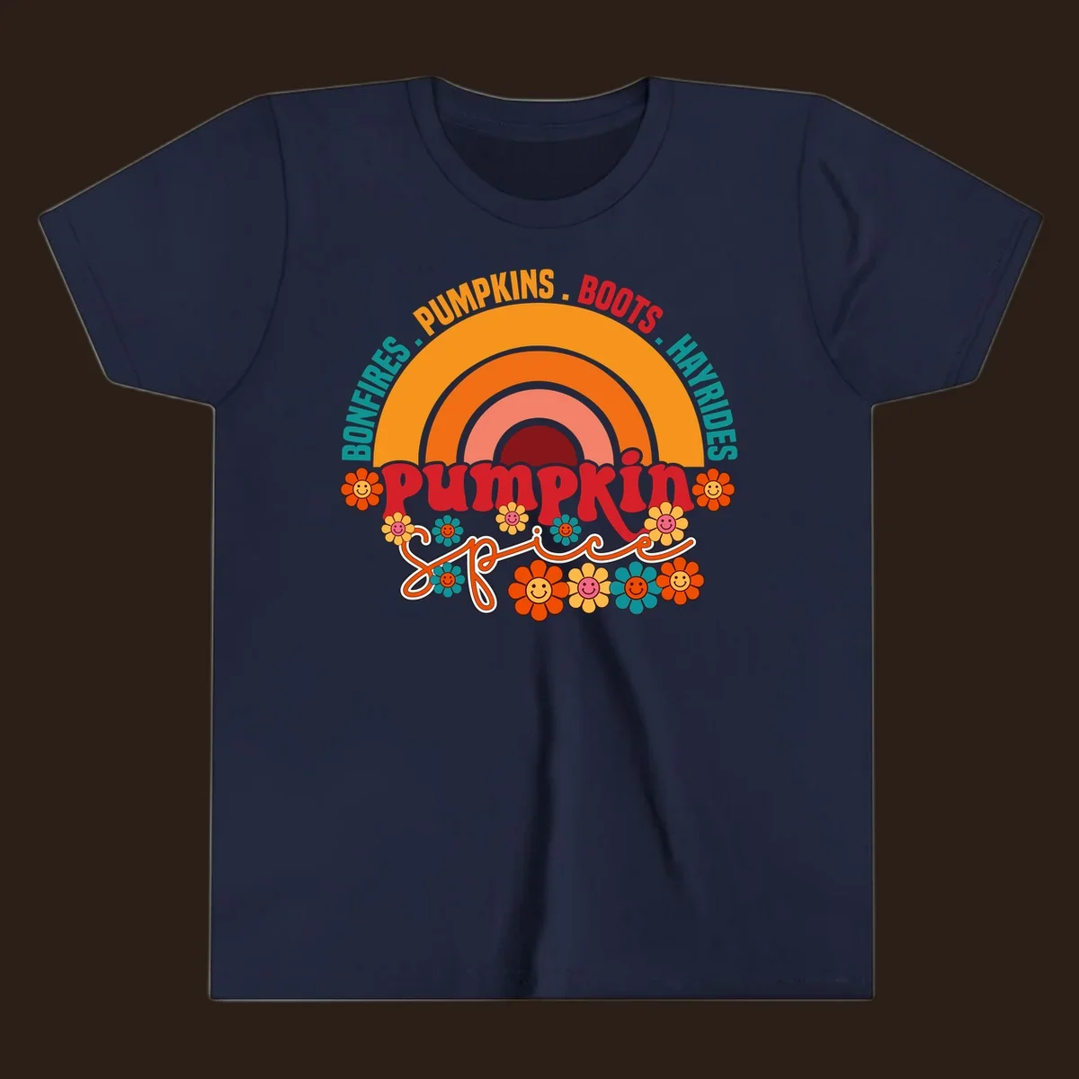 Retro pumpkin spice rainbow with flowers and fall text. pumpkin-spice-rainbow