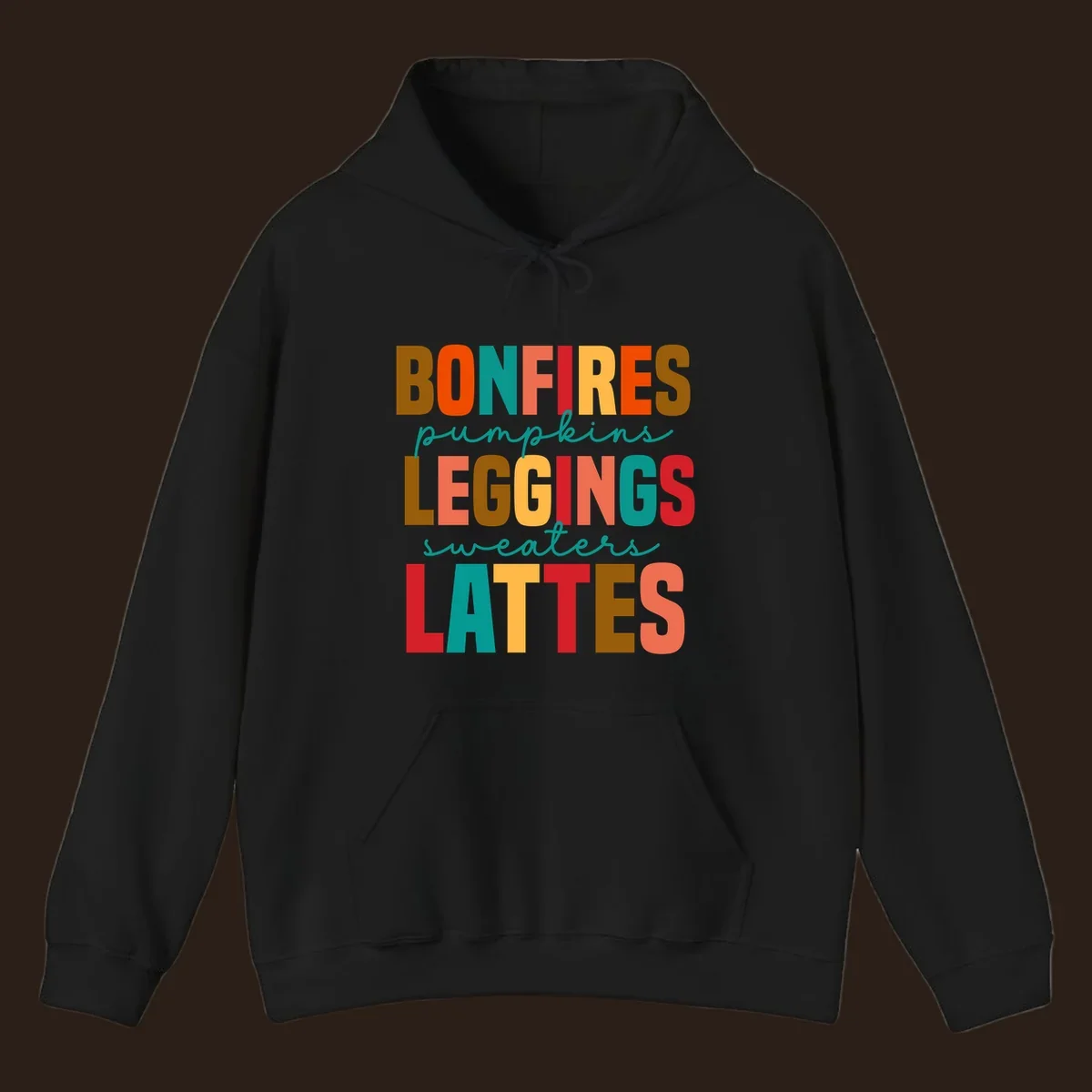 Fall vibes text design with words like Bonfires, Pumpkins, Leggings, Sweaters, Lattes in colorful block letters.
