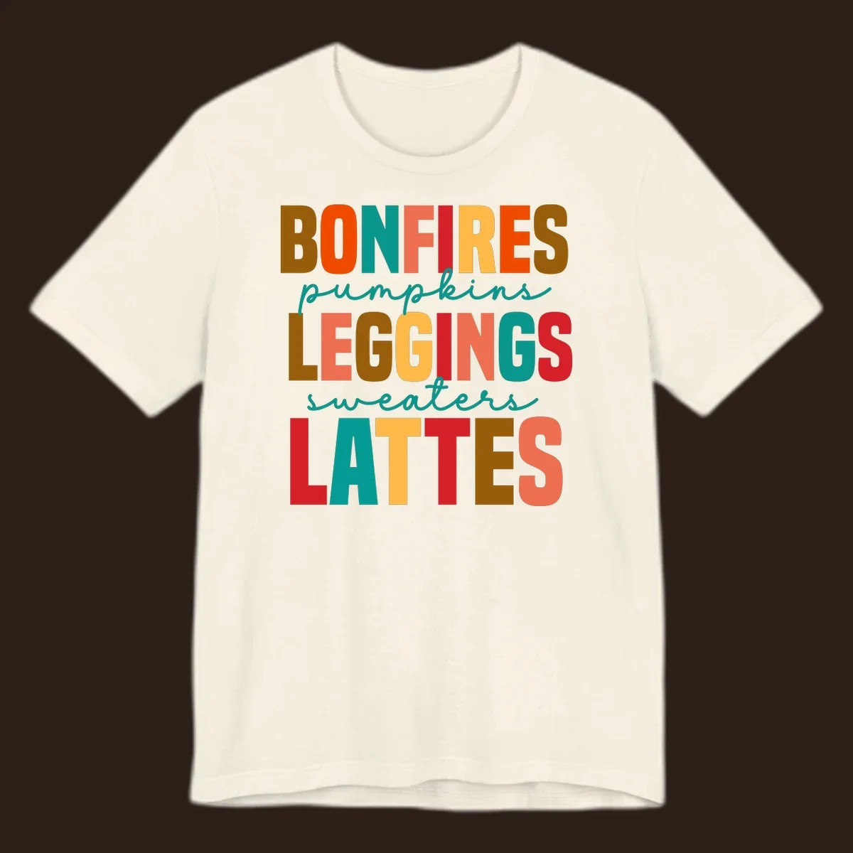 Fall vibes text design with words like Bonfires, Pumpkins, Leggings, Sweaters, Lattes in colorful block letters.