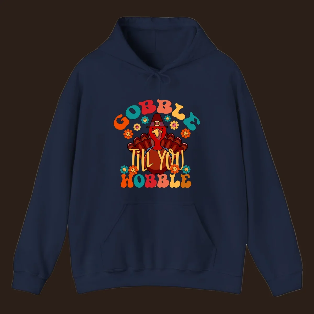 Gobble Till You Wobble turkey retro design with groovy flowers.