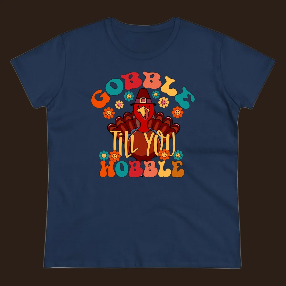 Gobble Till You Wobble turkey retro design with groovy flowers.