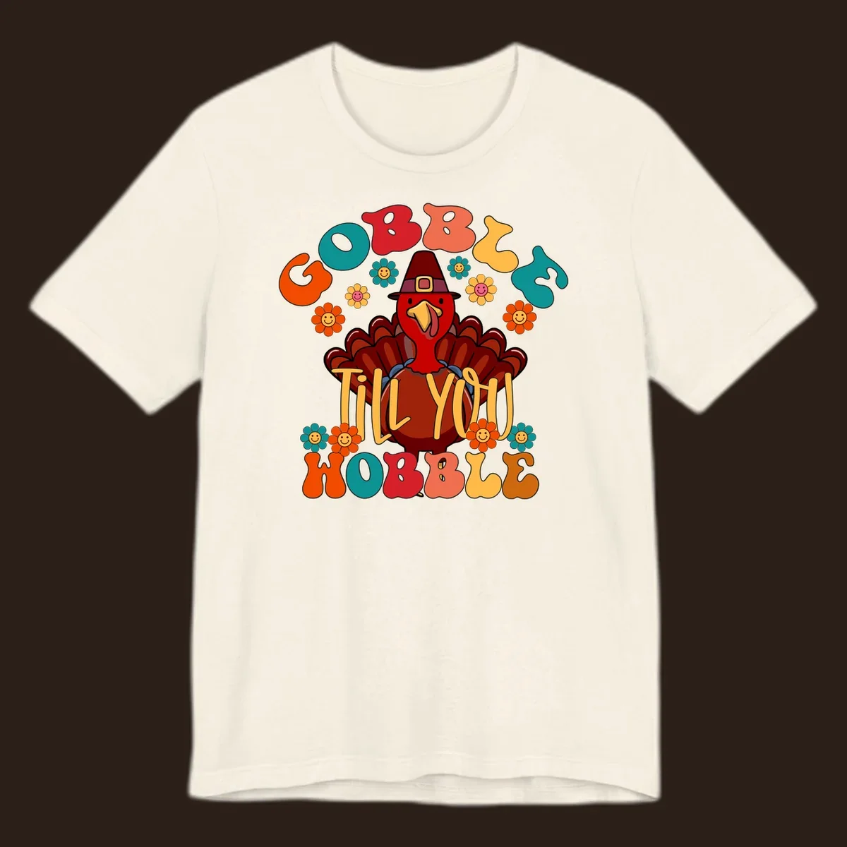 Gobble Till You Wobble turkey retro design with groovy flowers.